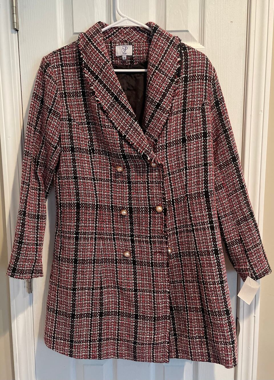 PLM Tweed Pearl Gold Buttons Double Breasted Long Winter Coat Jacket, A51